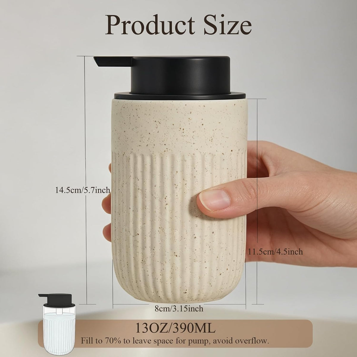 Beige Ceramic Foaming Soap Dispenser for Bathroom Countertop 13oz