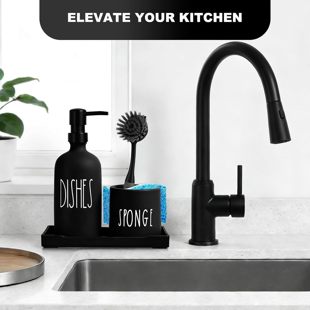 Dish Soap Dispenser for Kitchen with Sponge Holder,16.9 fl oz Kitchen Soap Dispenser Set with Tray,3 in 1 Dish Sponge Holder for Kitchen Sink Organizer Accessories,Black