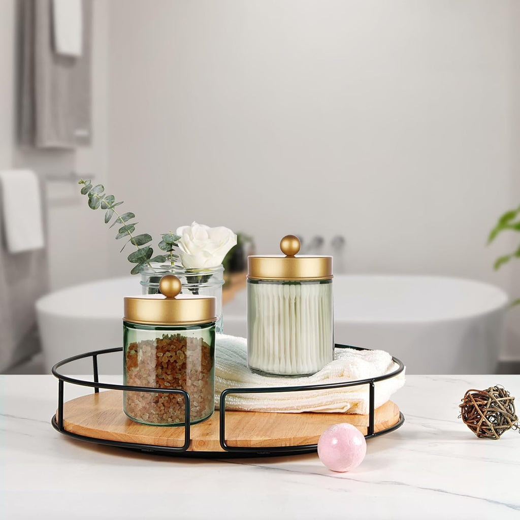 Amolliar Green Glass Apothecary Jar, Qtip Holder Bathroom Decor, Jar, Gold