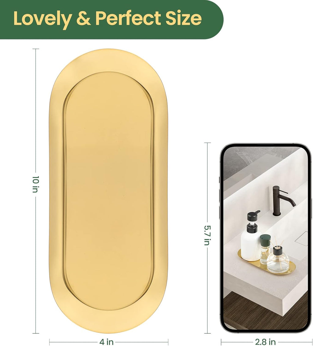 2PACK Gold Decorative Tray, Bathroom Vanity Tray for Dresser Counter, Stainless Steel Jewelry Dish Tray for Decor, Perfume Ring Key Candle Organizer Tray, Oval
