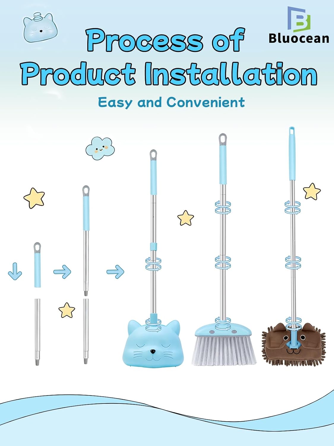 Toddler Cleaning Toy Set -28'' Kids Mini Broom with Dustpan & Mop, Toddler Household Helper, Parent-Child Interactive Play Cleaning Tool, Cute Cartoon Design, Small Safe Corner Broom (Blue)