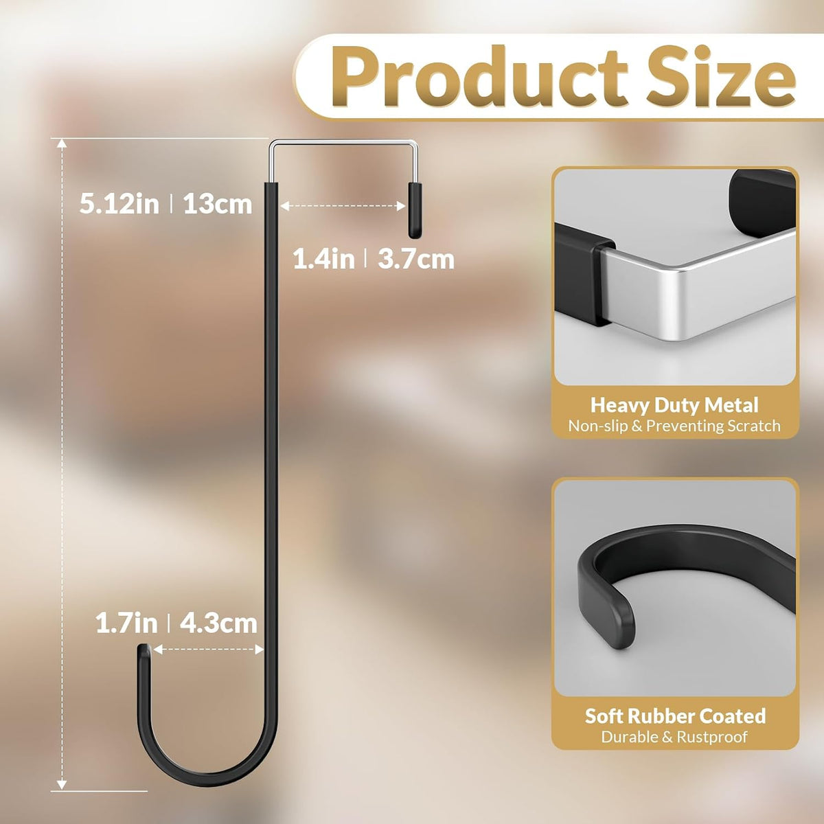 Over the Door Hooks, 4 Pack Heavy Door Hanger Hooks with Non-Slip Rubber, Over Door Hanger for Towels, Coats, Bags, Space Saving Door Coat Hanger for Living Room,Bathroom, Bedroom (Black, Long)