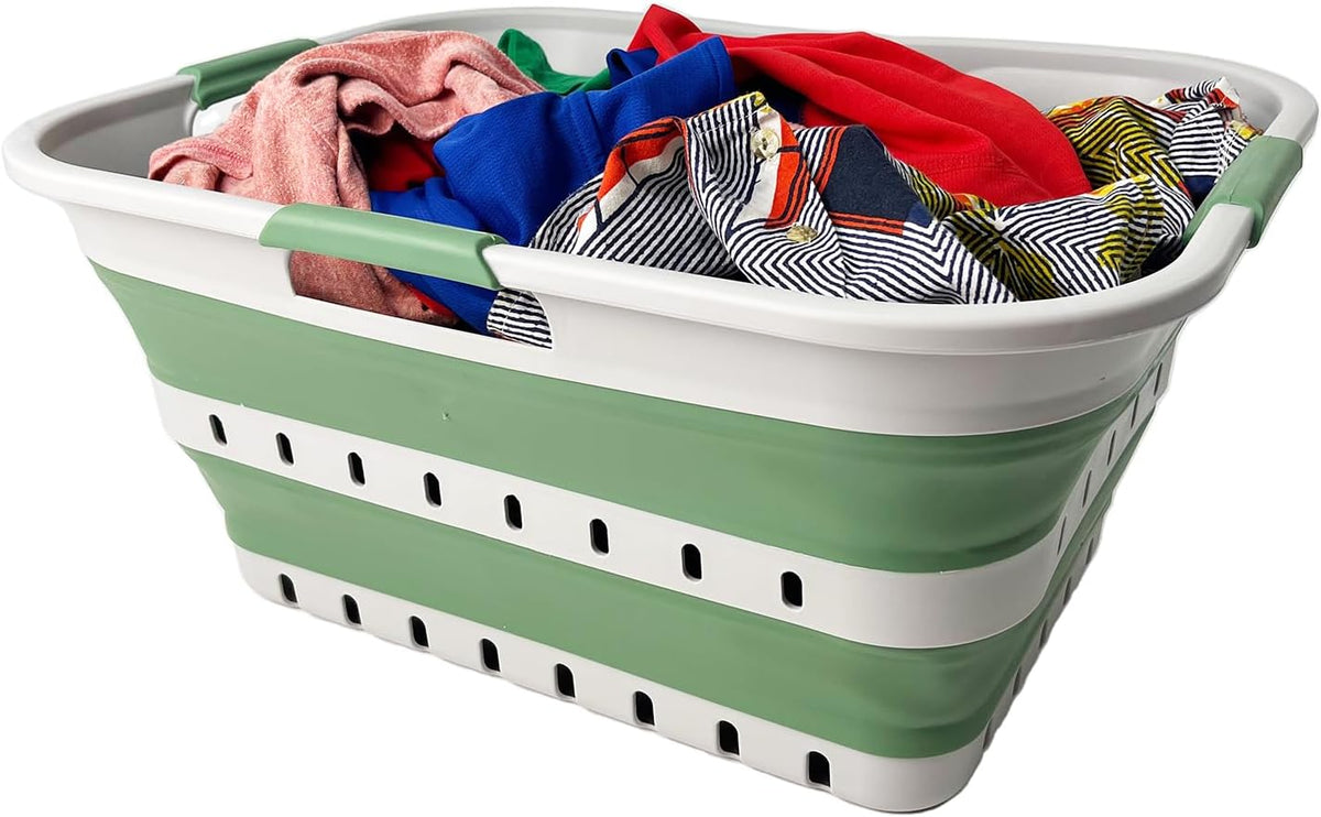 SAMMART 42 (11 Gallons) Collapsible Plastic Laundry Basket, Foldable Pop Up Storage Container/Organizer, Space Saving Hamper, Portable Bin for Dorm Room Bathroom (1, Grey/Dark Sea Green)
