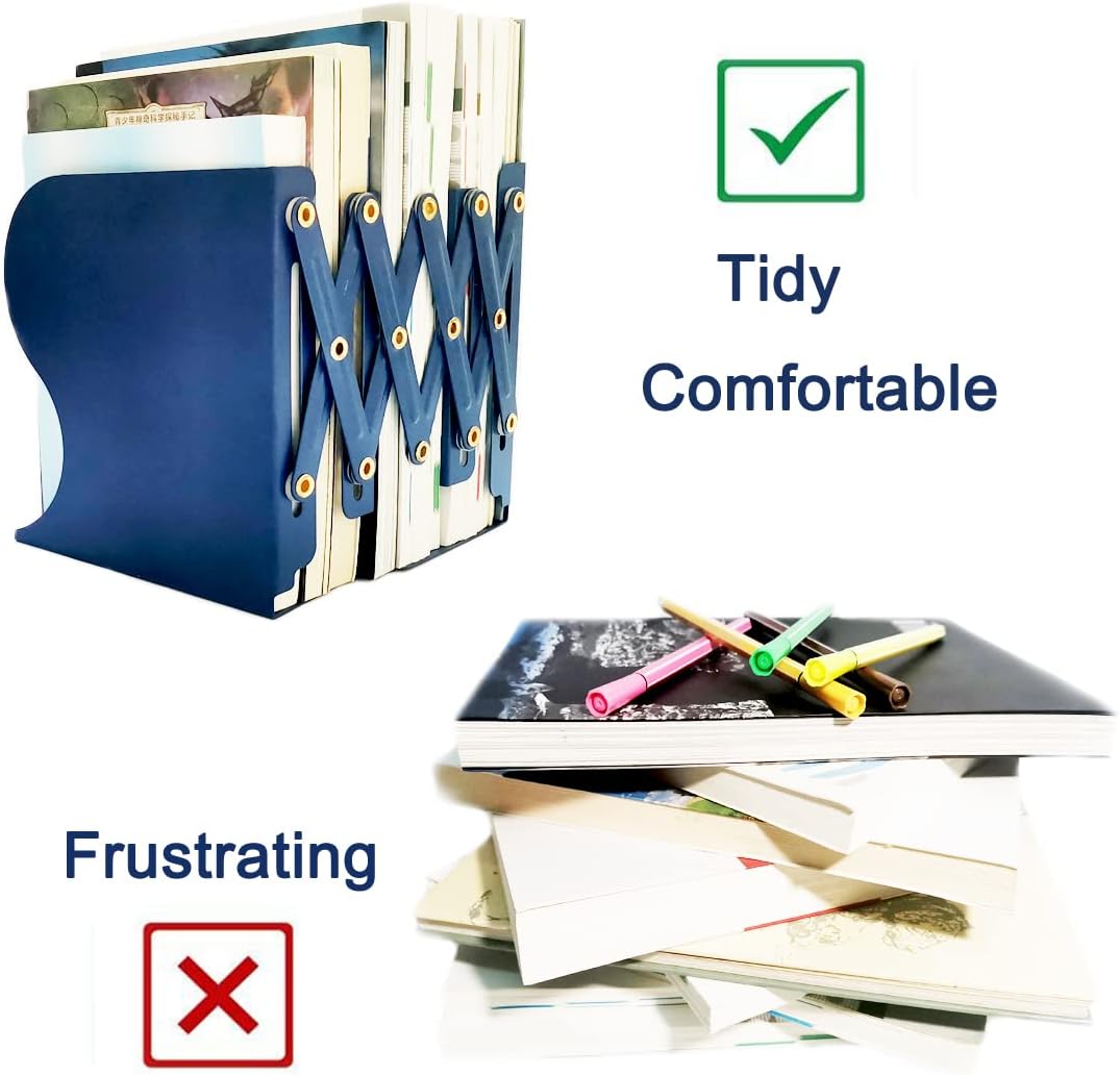 Metal Bookends for Heavy Books, Sturdy Book Stopper to Hold Books Heavy Duty, Adjustable Book Ends for Office & School (Blue)