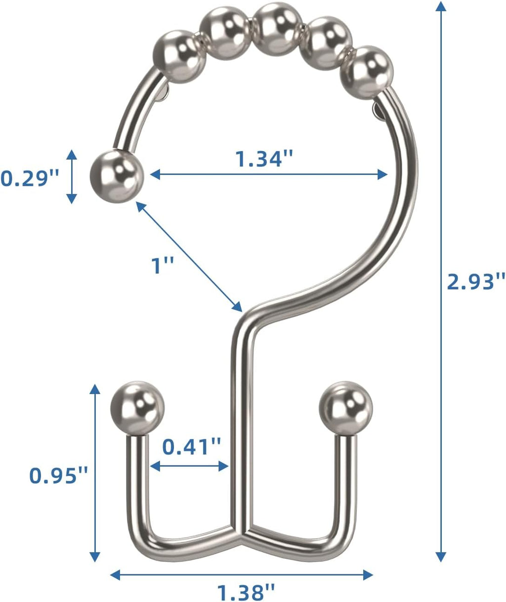 Brushed Nickel Shower Curtain Hooks Double Sided with Roller Balls