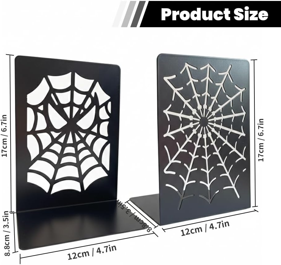 Metal Decorative Bookends Set, Spider Web & Football Player Silhouette, Sturdy Non-Slip Book Holders for Shelves, Black (Heroic Web - 1 Pair (2 Pcs))