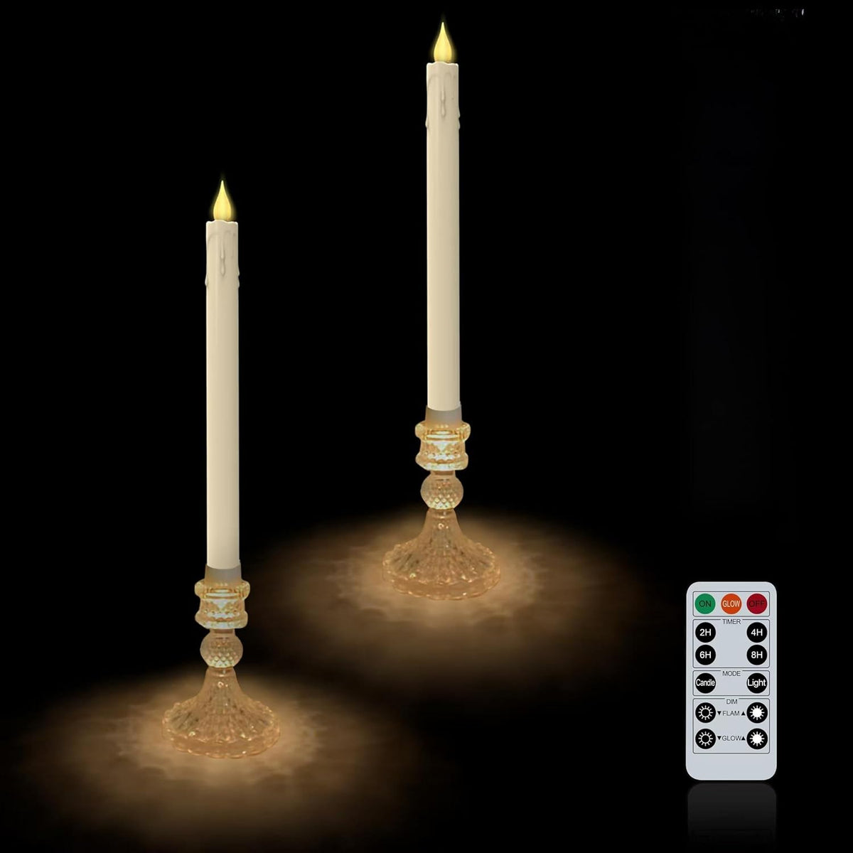 Flameless Taper Candles with Illuminated Glass Candle Holder, Remote Timer 2AA Battery Operated 500+ Hours for Thanksgiving/Xmas Decor, Wedding Centerpiece, Ivory, 2 Pack