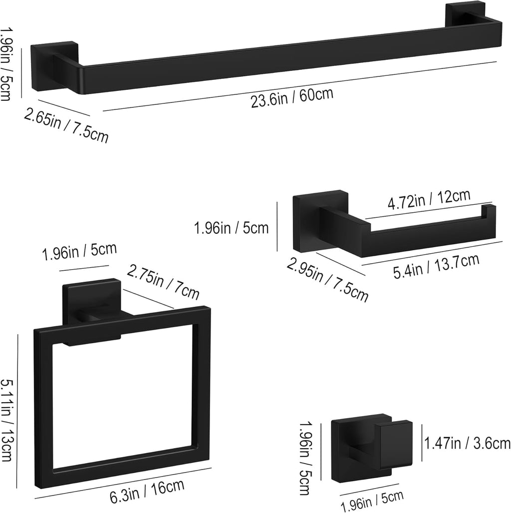 15-Piece Matte Black Bathroom Accessories Set 23.6 Inch Towel Bar Set.