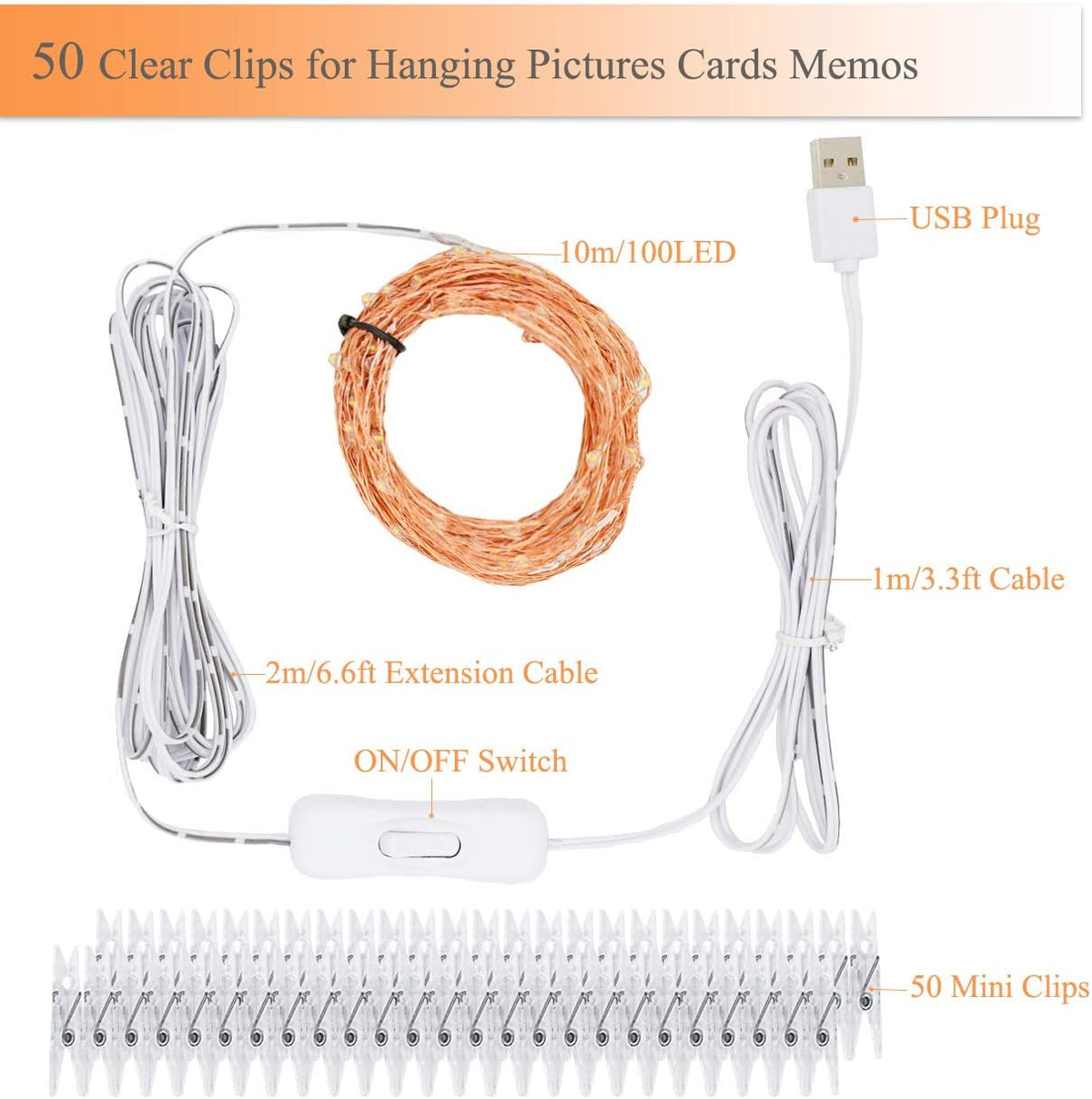 Decute 100 LED 50 Photo Clips String Lights Holder 33FT Starry Fairy Lights for Hanging Pictures Cards Memos USB Powered with Switch Perfect for Bedroom Wedding Dorm Christmas Decor (Warm White)