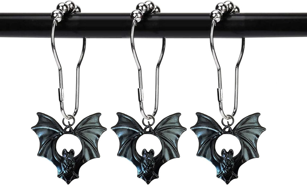 Set of 12 Bats Shower Curtain Hooks Rings Halloween Party Supplies Haunted House Decoration Stainless Steel Rustproof (Black-Bat_Style2)