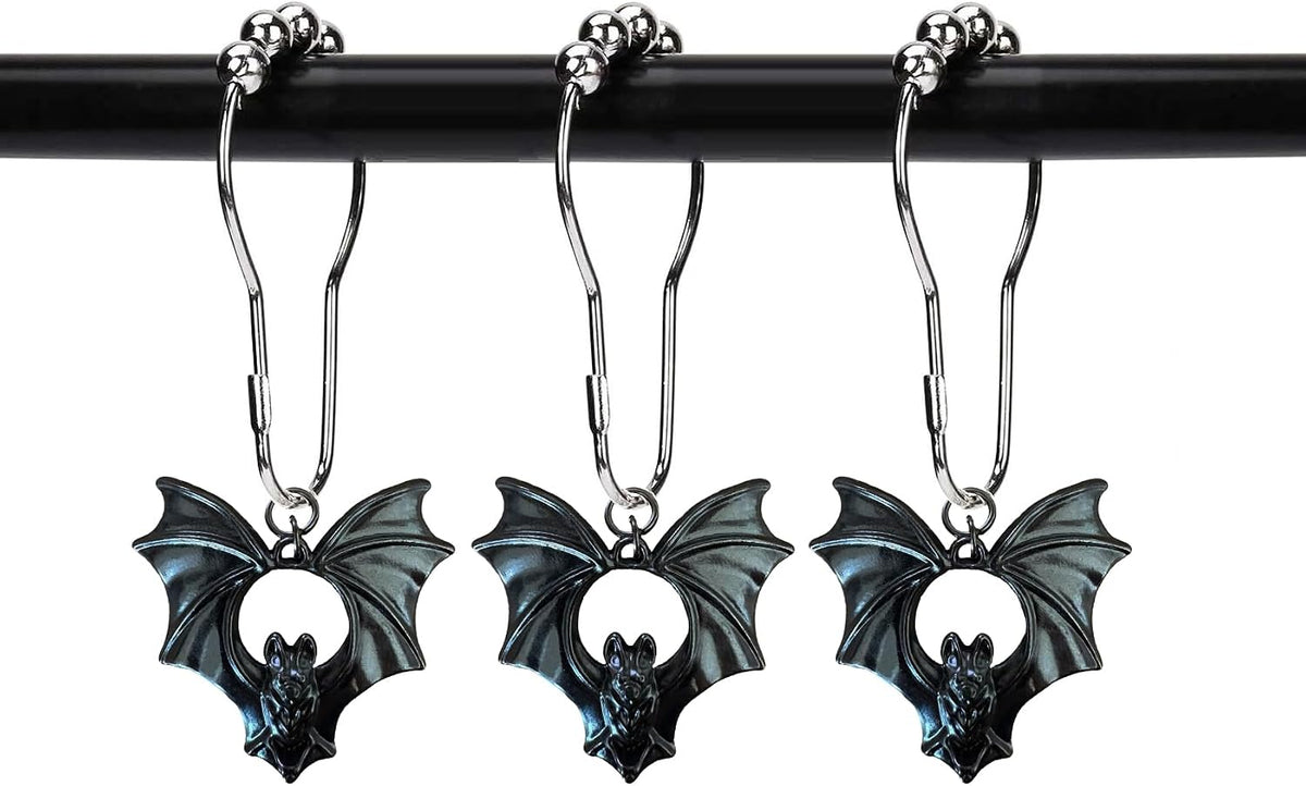 Set of 12 Bats Shower Curtain Hooks Rings Halloween Party Supplies Haunted House Decoration Stainless Steel Rustproof (Black-Bat_Style2)