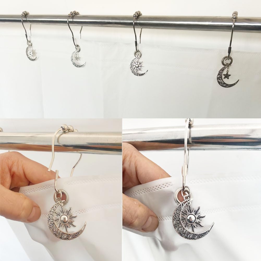 Decorative Sun Moon Celestial Shower Curtain Hooks Rings Set of 12, Silver