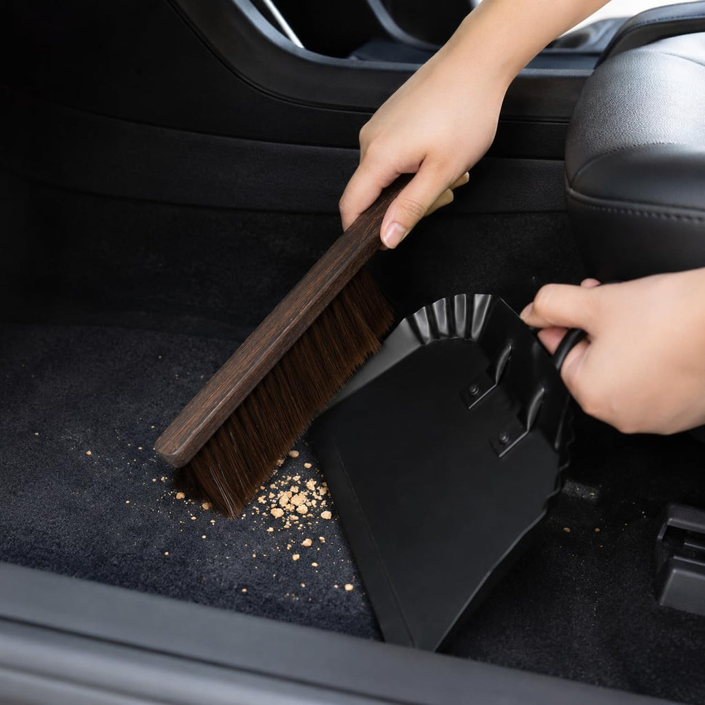 Heavy-Duty Metal Dust Pan and Brush Set, Handheld Angled Dust Pan and Wooden Broom Set, Dustpan with Flat Metal Edge, Hanging Dustpan and Brushfor Household, Desktop, Car and Small Spaces