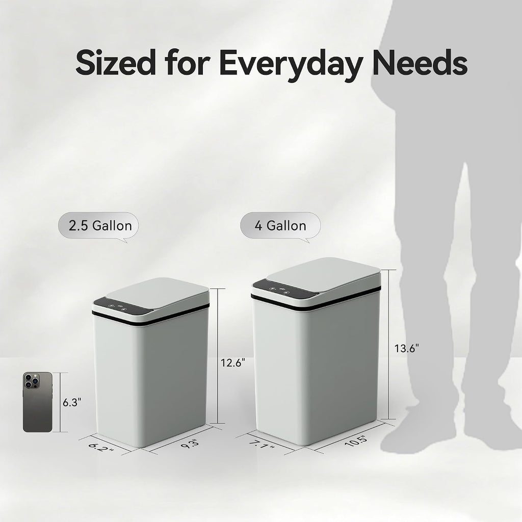 FRESHLIX Bathroom Trash Can 2.5 Gallon Automatic Small Garbage Can with Lid, Slim Motion Sensor Plastic Narrow Trash Bin for Bedroom, Kitchen, Office (A-Basic Battery Supply-Grey)