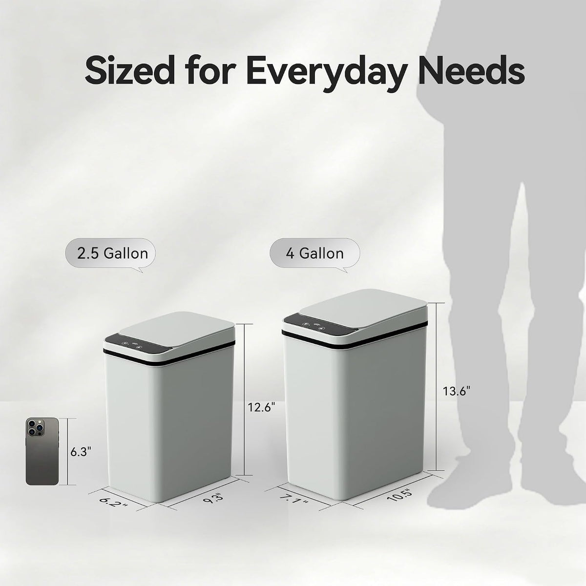 FRESHLIX Bathroom Trash Can 2.5 Gallon Automatic Small Garbage Can with Lid, Slim Motion Sensor Plastic Narrow Trash Bin for Bedroom, Kitchen, Office (A-Basic Battery Supply-Grey)