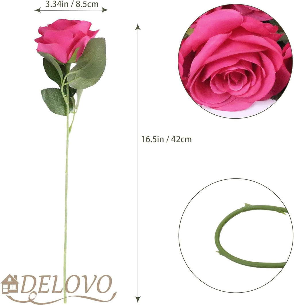 52pcs Hot Pink Roses Artificial Flowers Fake Flowers Silk Roses with Stems for DIY Wedding Bouquets Bridal Shower Table Centerpieces Arrangements Party Home Decorations
