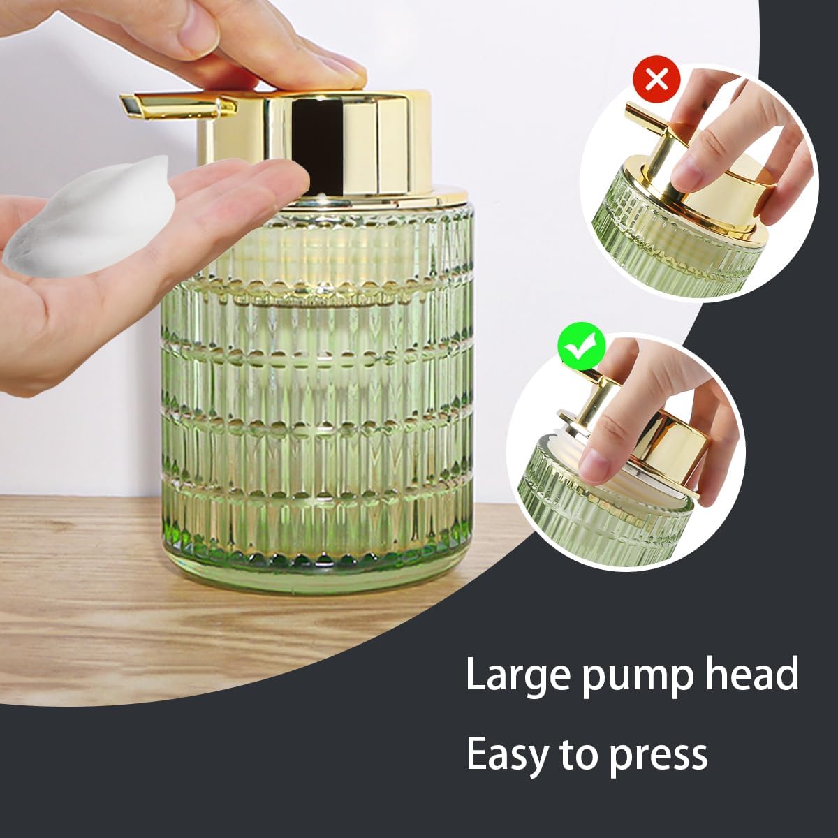 Foam Soap Dispenser, Green Glass Foaming Soap Dispenser, 10 Oz Refillable Hand Soap Dispenser Liquid Lotion Pump Container Ribbed Bottle for Bathroom Countertop Decor