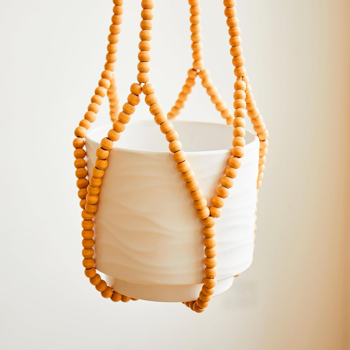 Boho Wood Bead Macrame Plant Hangers, 2Pack Handmade Beaded Hanging Planter Holders for Indoor with 4 Hooks, Fits 4–8 Inch Pots, Hanging Basket for Living Room Bedroom Window Patio Balcony Home Decor