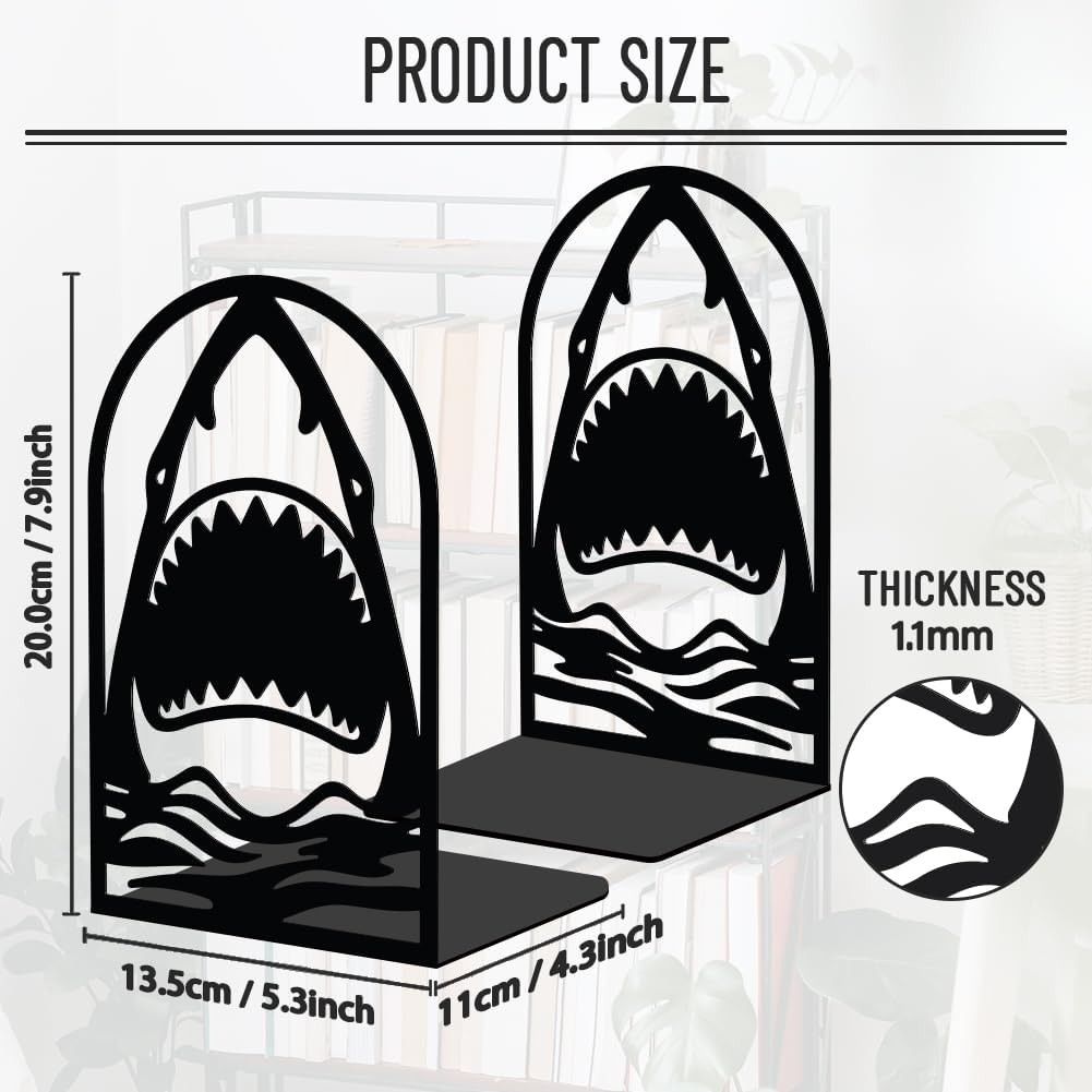 WADORN 1 Pair Metal Bookends for Shelves, Shark Head Heavy Duty Book Ends