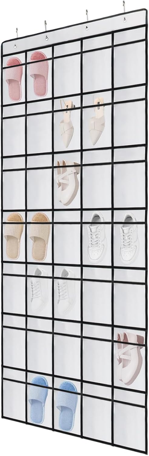Over the Door Shoe Organizer, 35 Mesh Pockets, White, 4 Metal Hook
