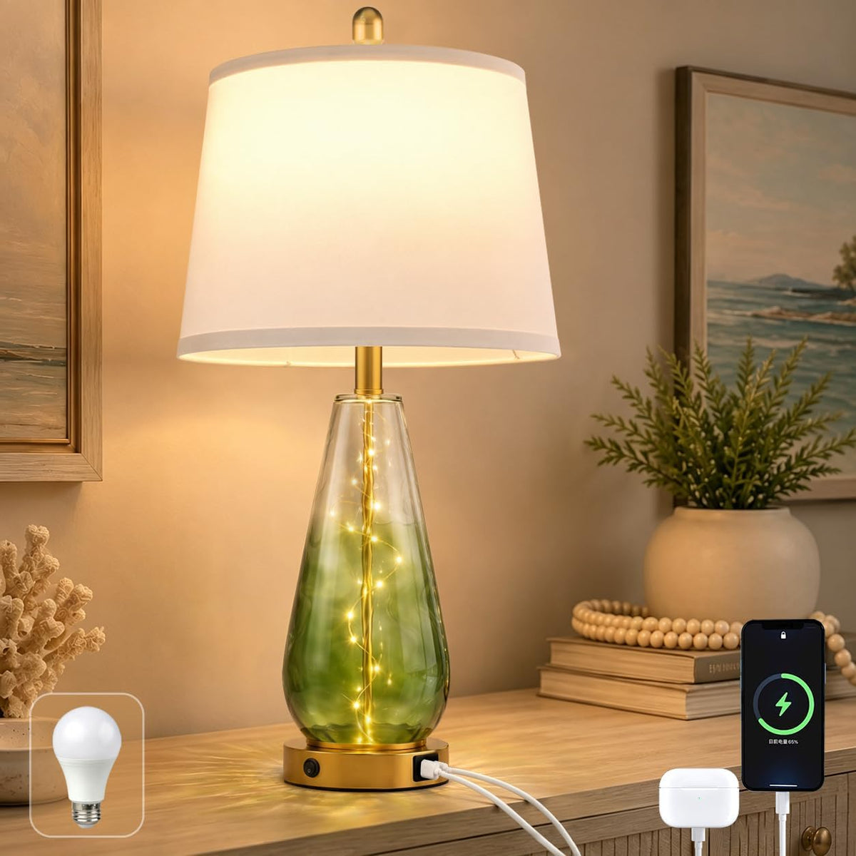 Table Lamp for Living Room, 27'' Green Glass Coastal Modern Lamp