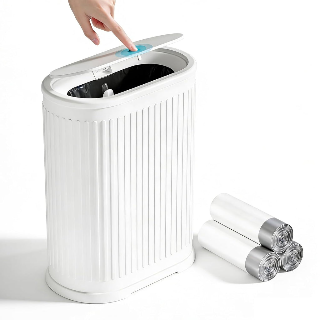 1.8 Gallon Small Bathroom Trash Can with Lid, Press-Top, Slim, White