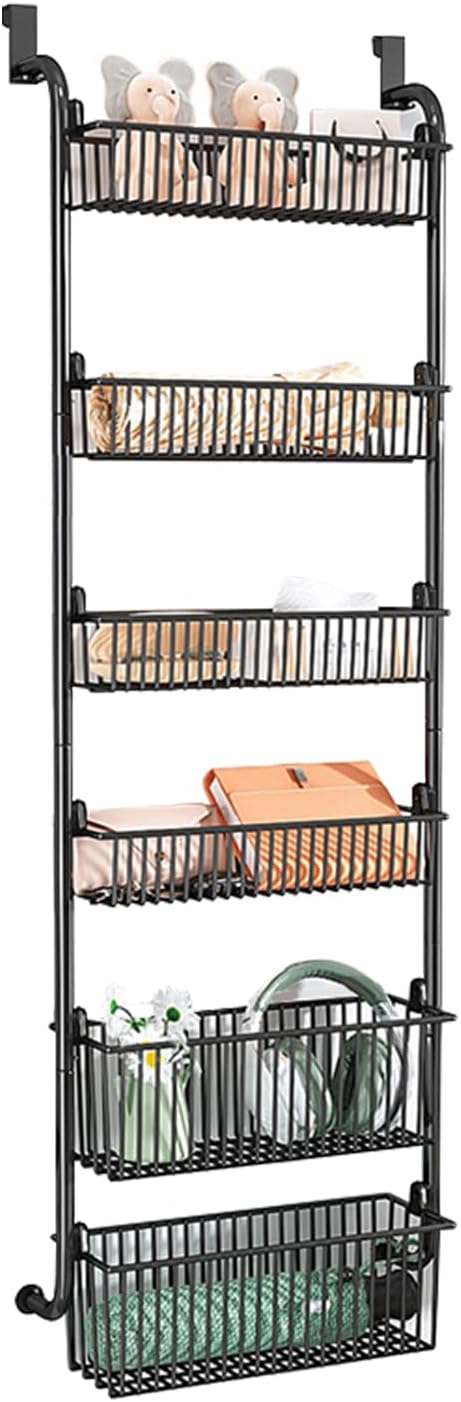 Over the Door Organizer, Metal Behind Door Hanging Storage, Toys Umbrellas Bags Organizer Rack, Large Capacity Organizer for Bedroom Bathroom Kitchen Pantry Closet Cabinet (Black,Six-Tier)