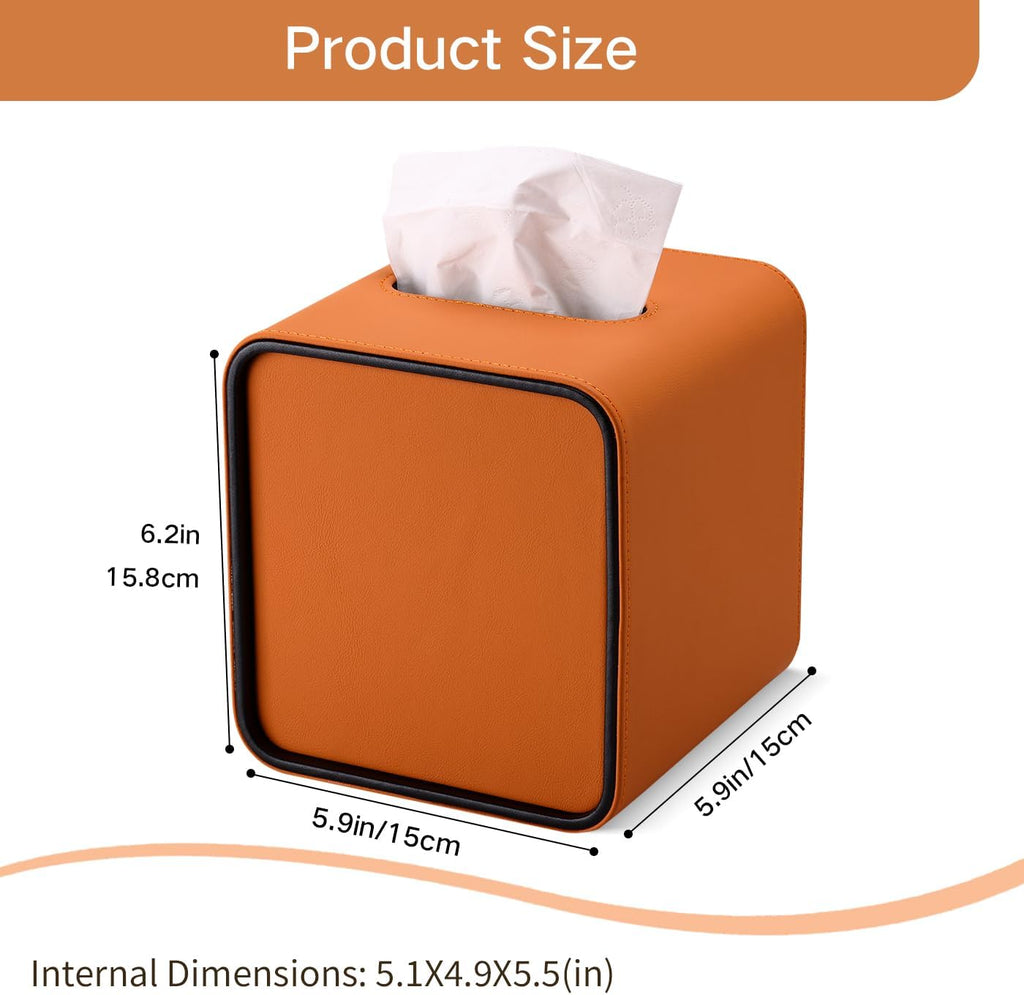 GORESE Square Tissue Box Cover for Kleenexs, PU Leather Tissue Box Holder, Decorative Tissue Holder Cover for Bathroom Bedroom Living Room Office, Orange