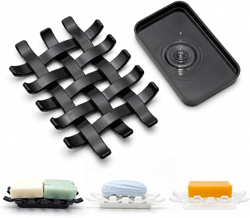 1 Pack Plastic Bar Soap Holders for Shower, Woven Design Black Soap Dishes with Drain for Bathroom Sink, Shampoo Bar Holder Soap Tray for Shower Shelf/Niche, Bathtub, Kitchen Counter