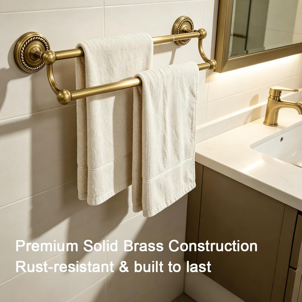 Adjustable GoldDouble Towel Bar, Antique Brass Wall Mount Towel Rack | Fits 16.4 to 27.8 Inch Wall Space, Heavy Duty Rustproof Towel Holder for Bathroom & Kitchen