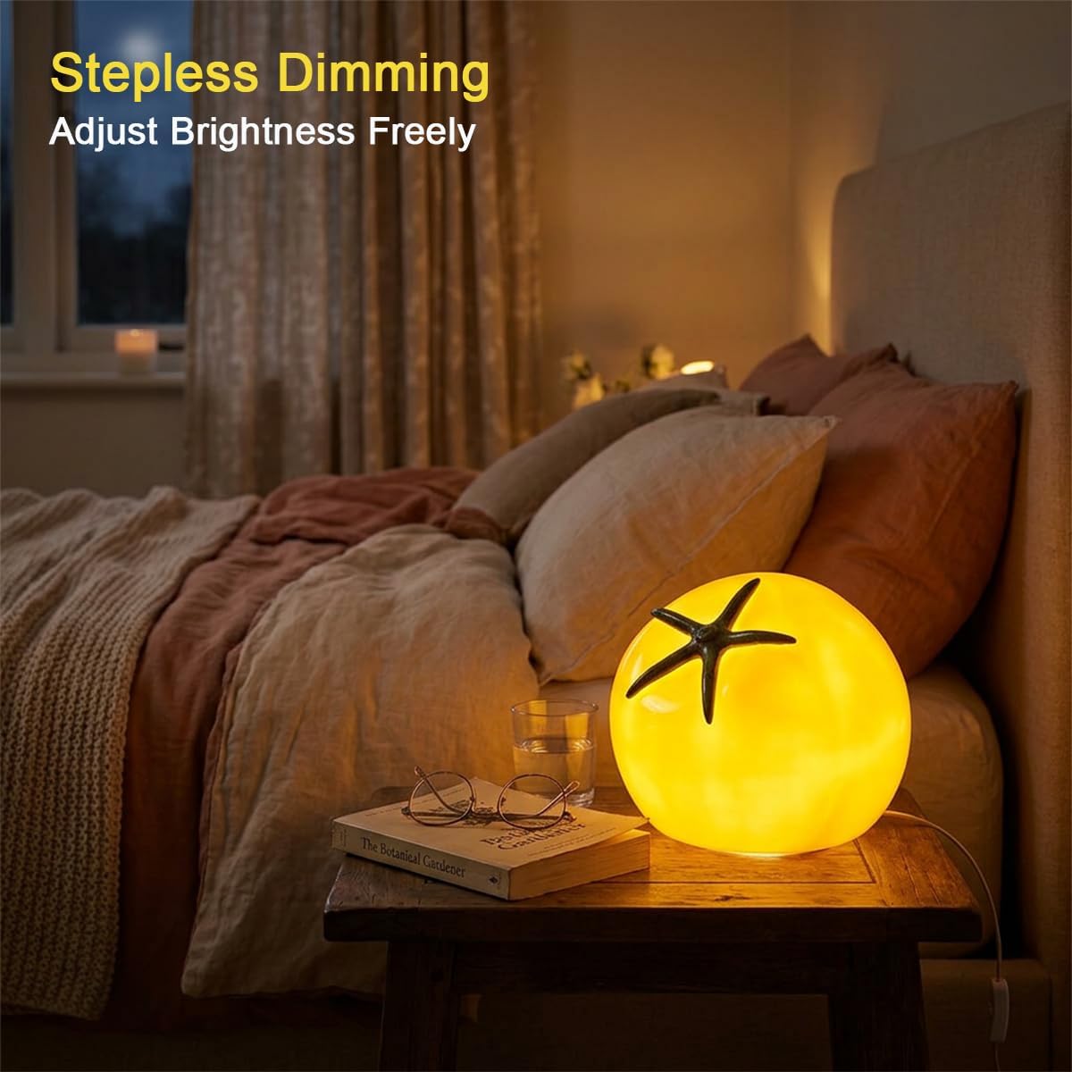 HEQET Table Lamp Tomato Glass Funky Lamp, USB Powered, Dimmable Cute Kawaii Novelty Accent Light for Bedroom & Kitchen Countertop, Unique Vintage Retro Home Decor, Cozy Warm Ambiance (Yellow)