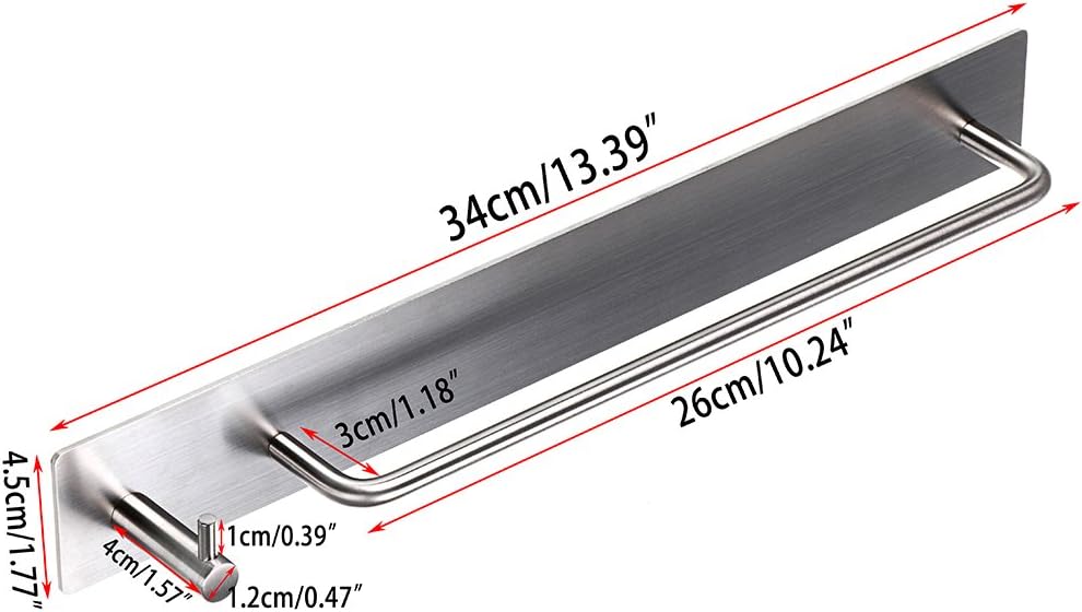 Sumnacon Towel Bar Rack with Hook, 13.38 Inch 3M Self Adhesive Stainless Steel Towel Holder Organizer for Bathroom Kitchen Bedroom, Brushed Finish (Towel Rack with Hook)