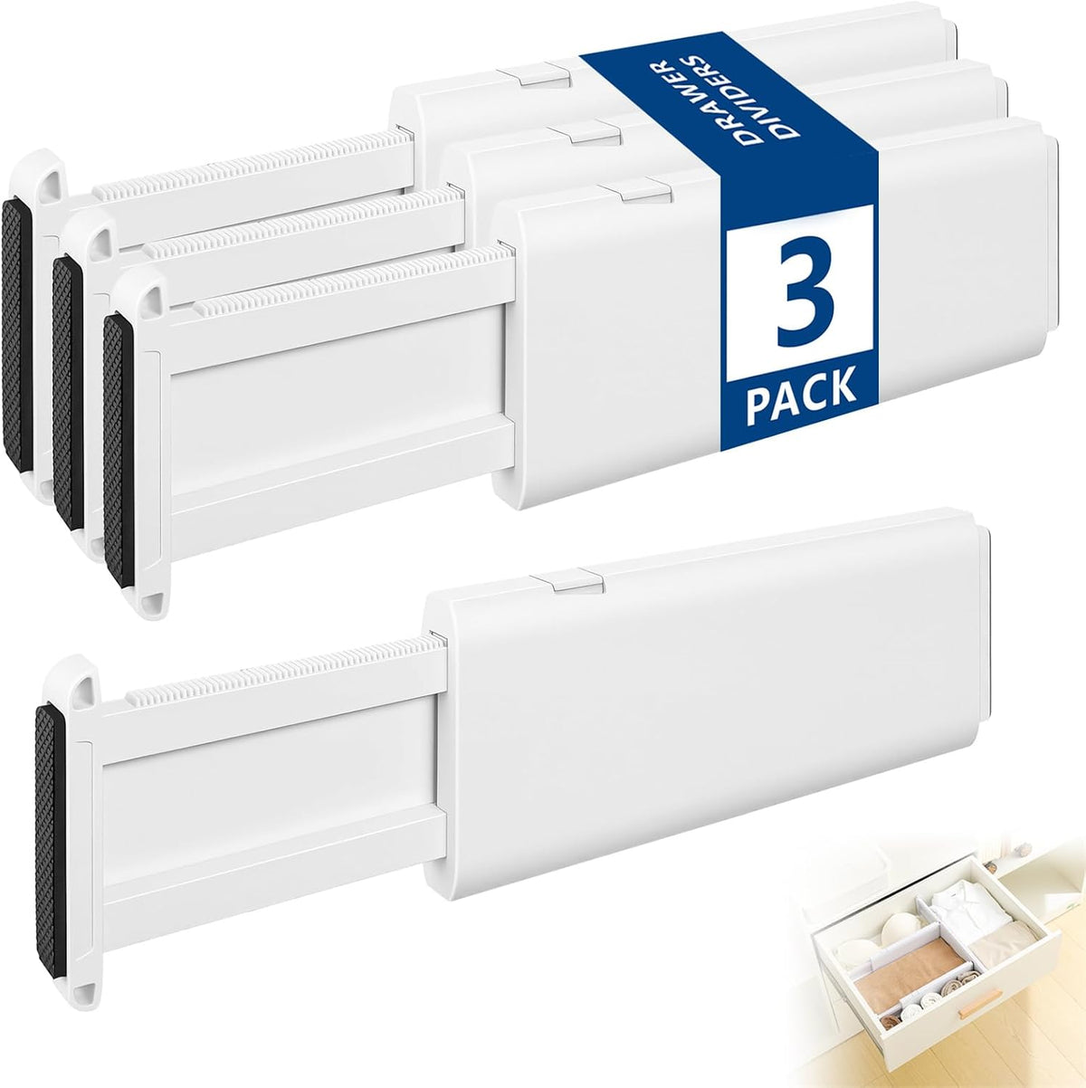 NUOOO Drawer Dividers Dresser Drawer Organizer 3 Pack Adjustable Kitchen Drawers Divider Plastic Separators for Clothes Desk Office Storage