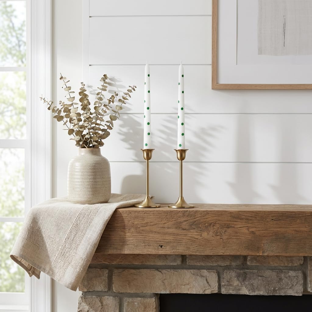 2 Pack Taper Candles, 10 Inch Unscented Candlesticks with Green Polka Dots for Holiday Table Centerpiece, Fireplace Mantel, Advent Wreaths, Winter Weddings, Home Decor
