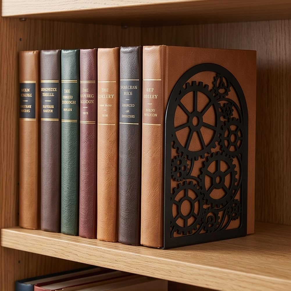 Gear Book Shelf Decorative Bookends for Shelves, Book Ends for Heavy Books, Interlocking Gear Design Metal Bookends for Desk Organizer, Office Library Decor Decorative Books for Home Decor