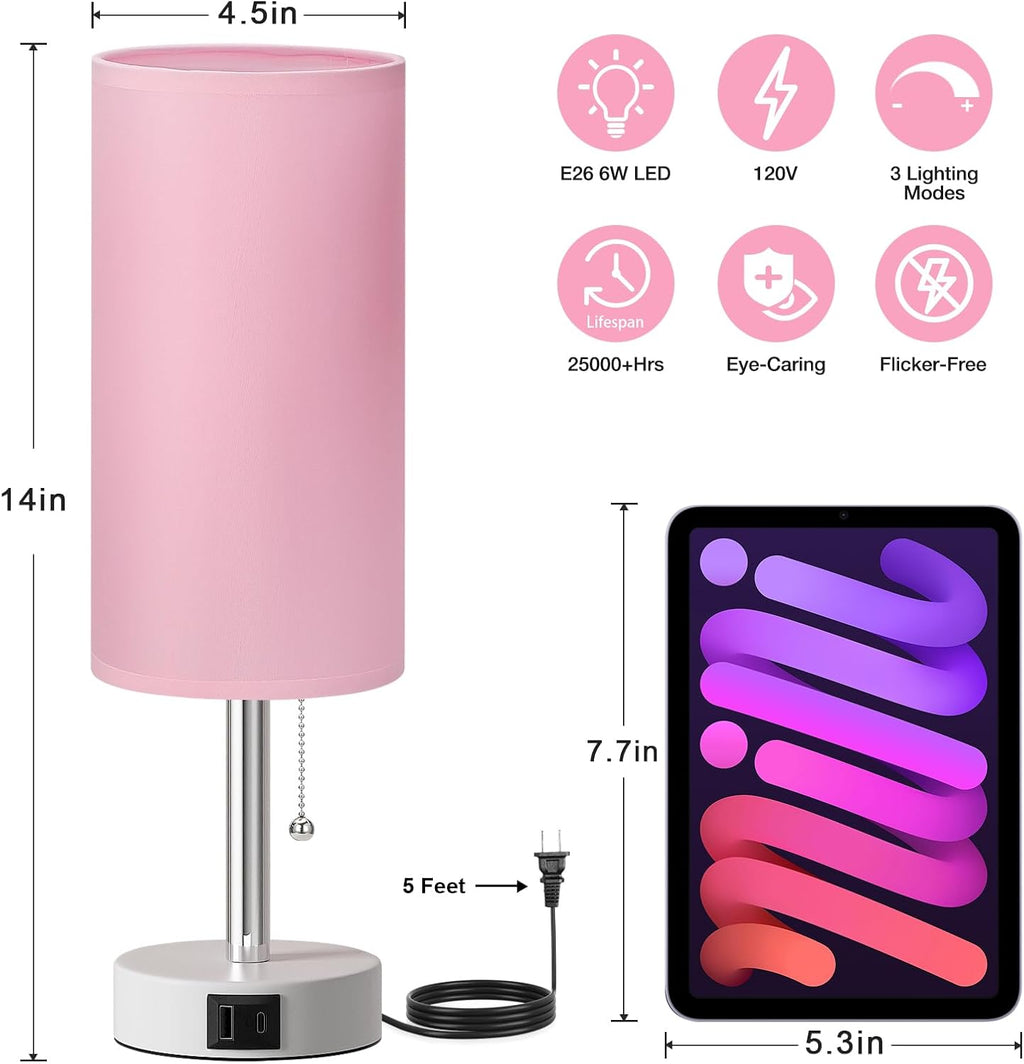 Dicoool Pink Bedside Table Lamp for Girls Bedroom - USB A+C Charging Ports