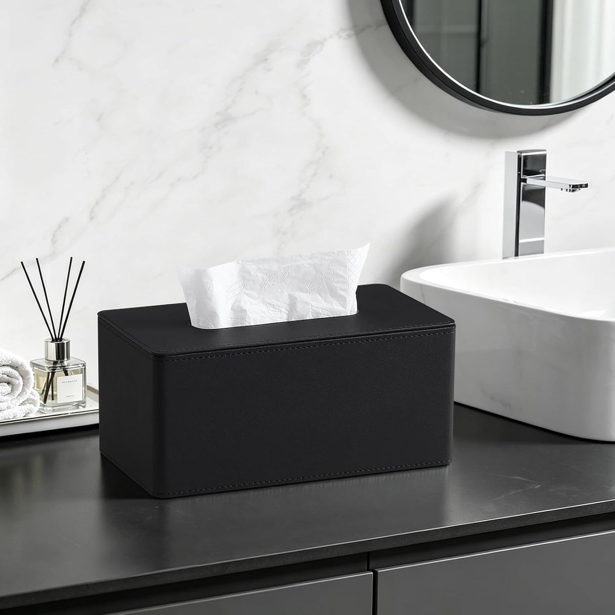 PU Leather Tissue Box Cover Rectangle, Inner Height 3.9", Black