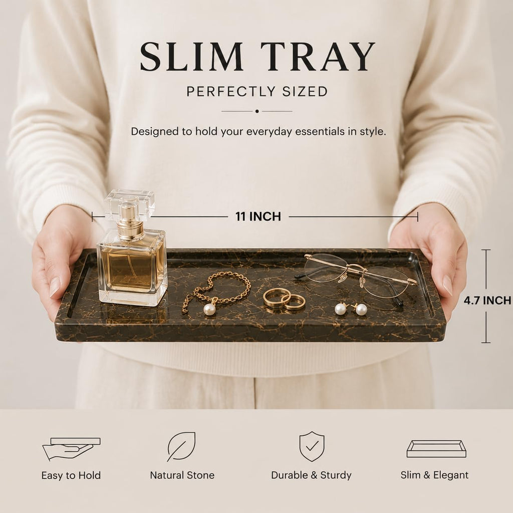 Brown Marble Vanity Tray, Small Genuine Stone Decorative Tray for Bathroom Counter, Perfume, Cologne, Jewelry, Candle, Coffee Table & Kitchen Counter Organizer, 11 x 4.7 Inch