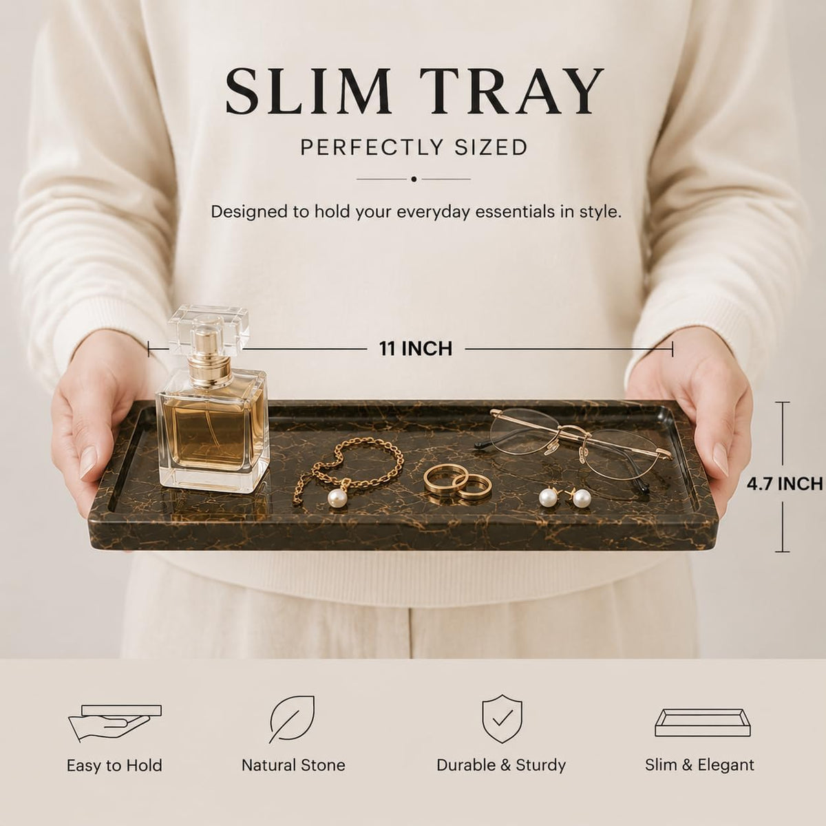 Brown Marble Vanity Tray, Small Genuine Stone Decorative Tray for Bathroom Counter, Perfume, Cologne, Jewelry, Candle, Coffee Table & Kitchen Counter Organizer, 11 x 4.7 Inch