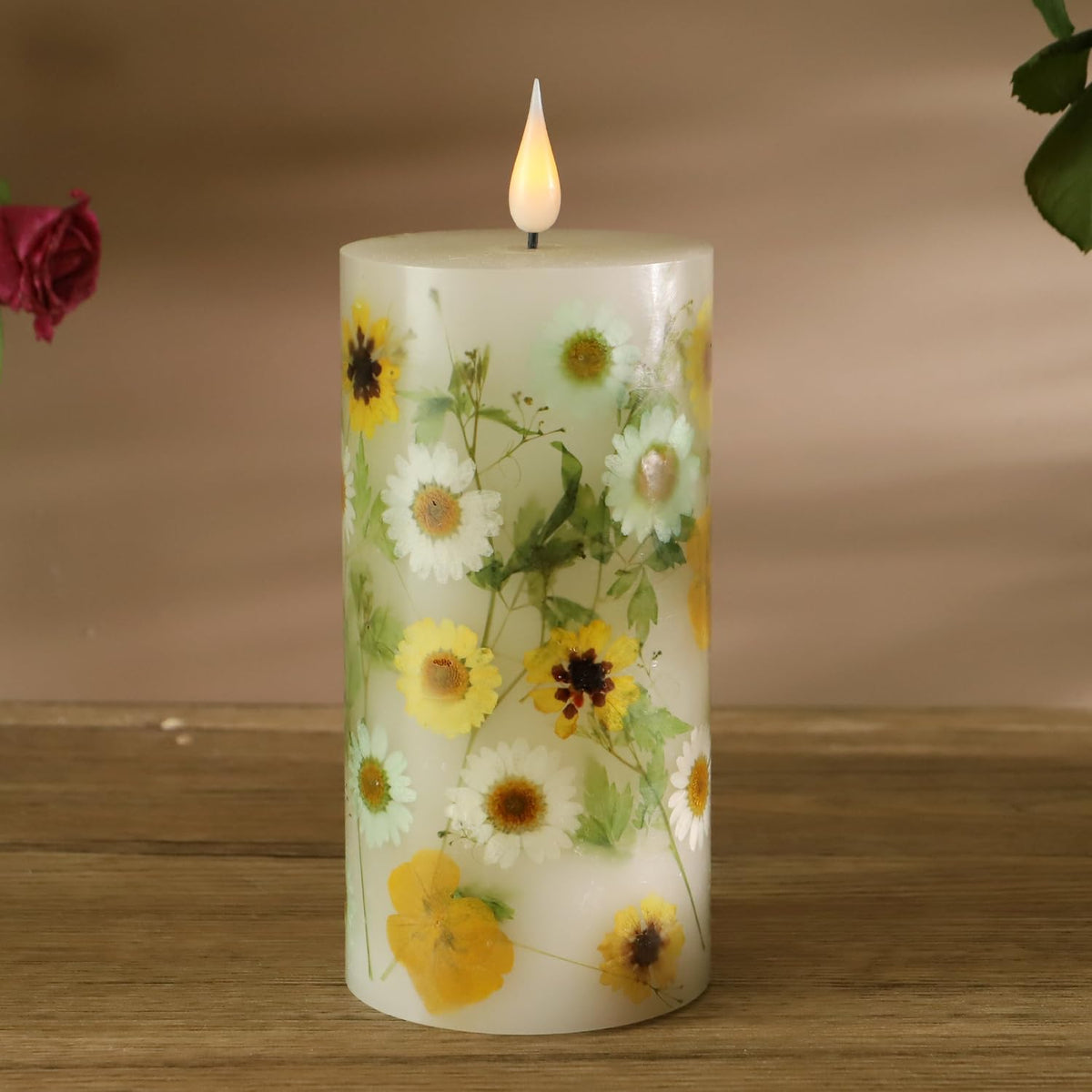 Spring Flameless Candles 3"x6" Real Wax LED Pillar Candles Real Daisy Floral Battery Operated with Remote Timer Flickering Candles Decor for Easter Mothers Day Home Table Mantel Indoor Decor