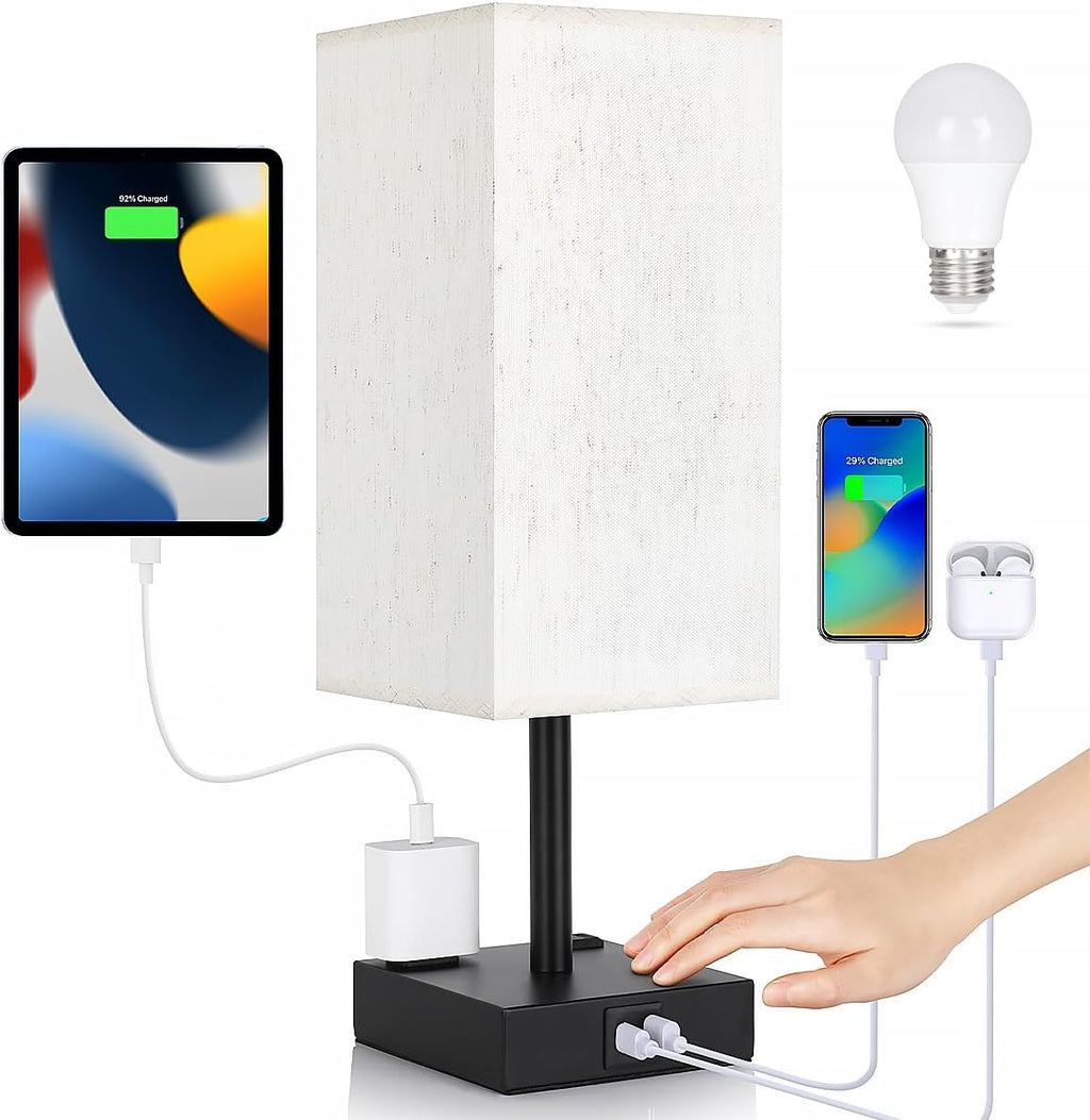 Bedside Table Lamp for Bedroom - Touch Small Lamp with USB C+A Charging Ports & AC Outlets, 3 Way Dimmable Nightstand Light for Living Room (LED Bulb Included, Flaxen)