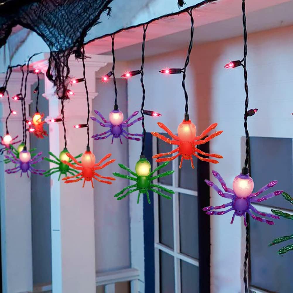 Halloween Spider String Lights, 7Ft Halloween Decorations Lights with 10 LED Colorful Spider Lights 15 Mini Purple Bulbs, Hanging Fairy Lights UL Listed for Outdoor Curtain Porch Bar Party Decor
