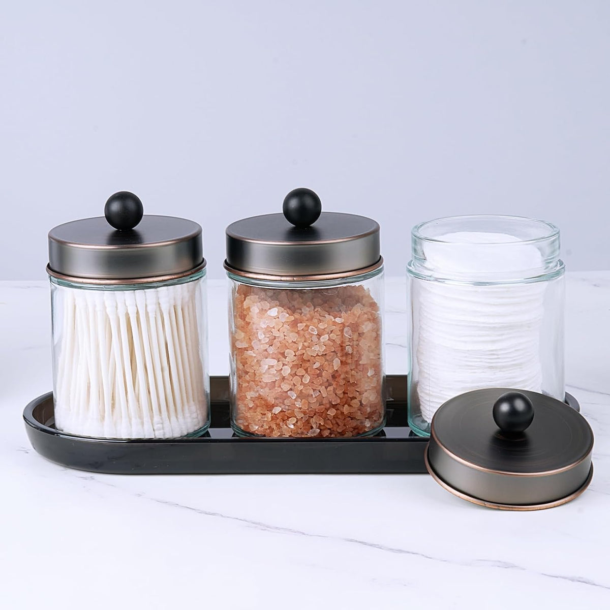 SheeChung 3 Pack Glass Apothecary Jars with Acrylic Vanity Tray