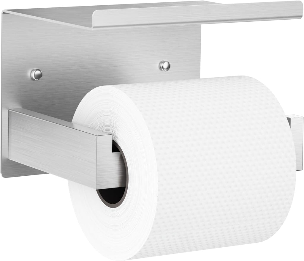Auxmir Toilet Paper Holder with Shelf, Self Adhesive or Screw Mount, Silver