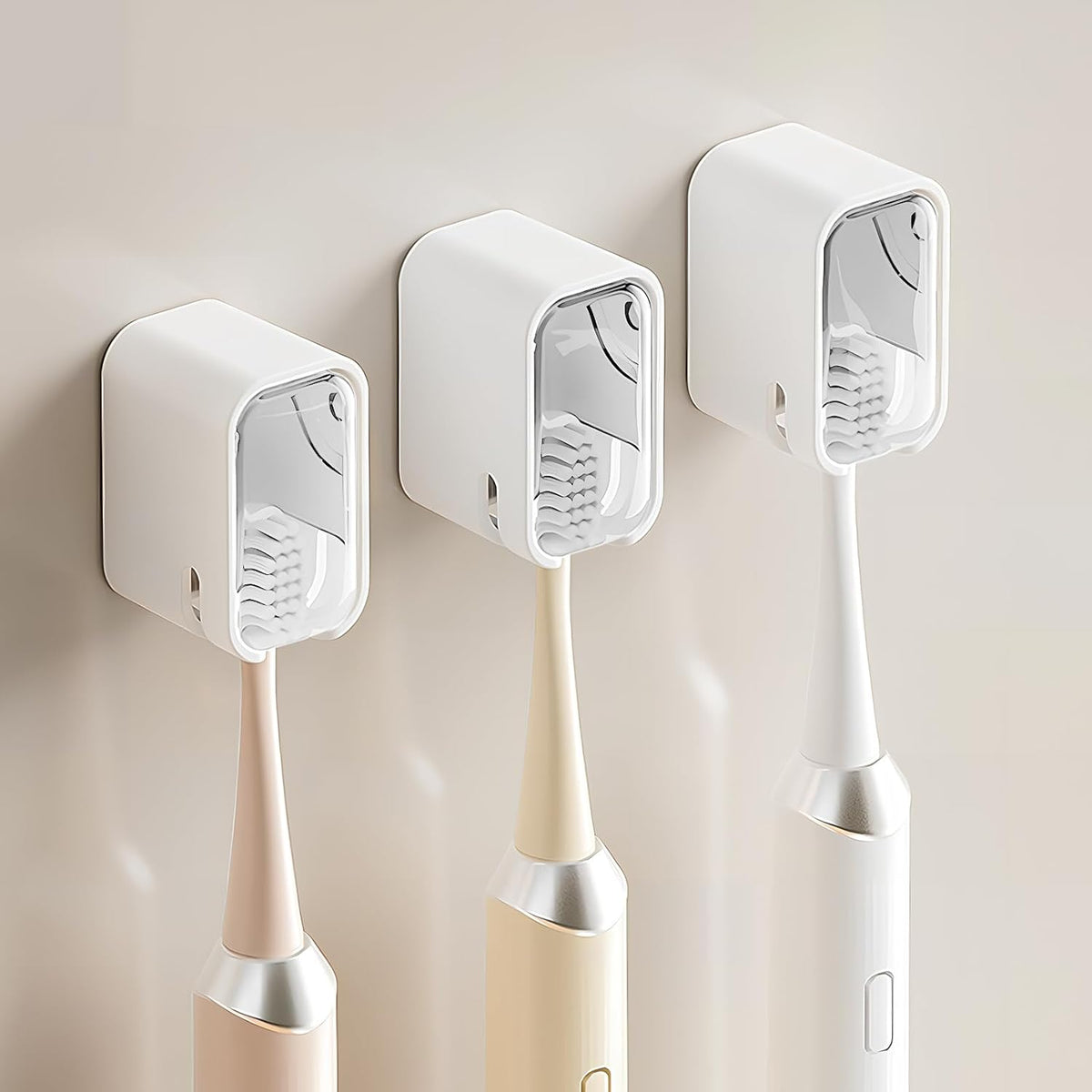 Wall Mounted Toothbrush Holders for Bathroom,Strong Self Adhesive Tooth Brush Holder with Cover, Toothbrush Heads Organizer for Family, 3 Pcs Clear White