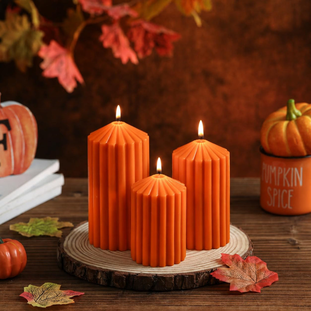 Orange Ribbed Pillar Candles Set of 3, Fall Pillar Candle for Fall Decor