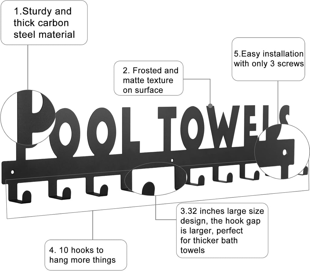 IBosins Large Pool Towel Rack with 10 Hooks Towel Holder Outdoor Black