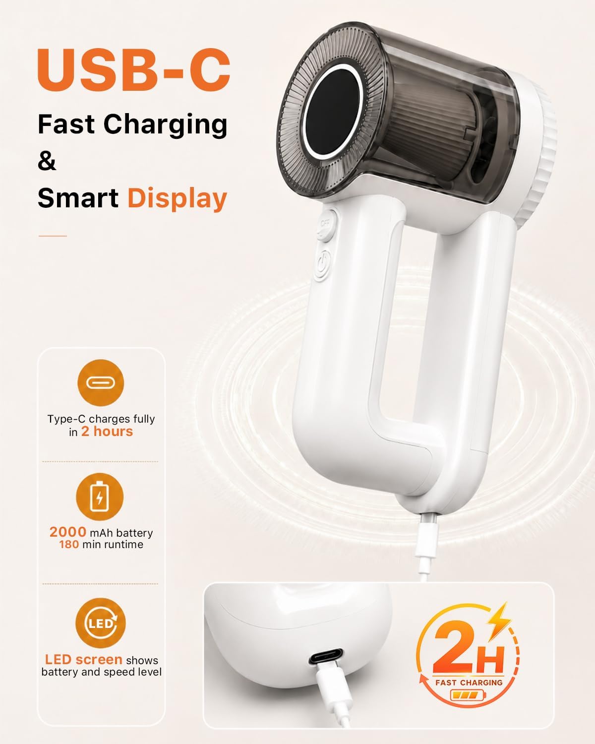 Fabric Shaver Rechargeable, 9500RPM Electric Lint Remover with 3× Stainless Steel 6-Blade Heads, 3-Speed Adjustable for Clothes, Furniture, Sofa, Blanket, LED Display, 2-in-1 Lint Brush Included