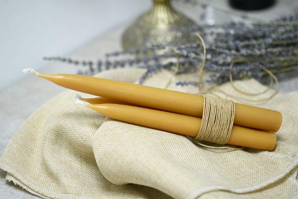 DEYBBY Beeswax Taper Candles, 10 Inch, Unscented, Natural, 12 Pack