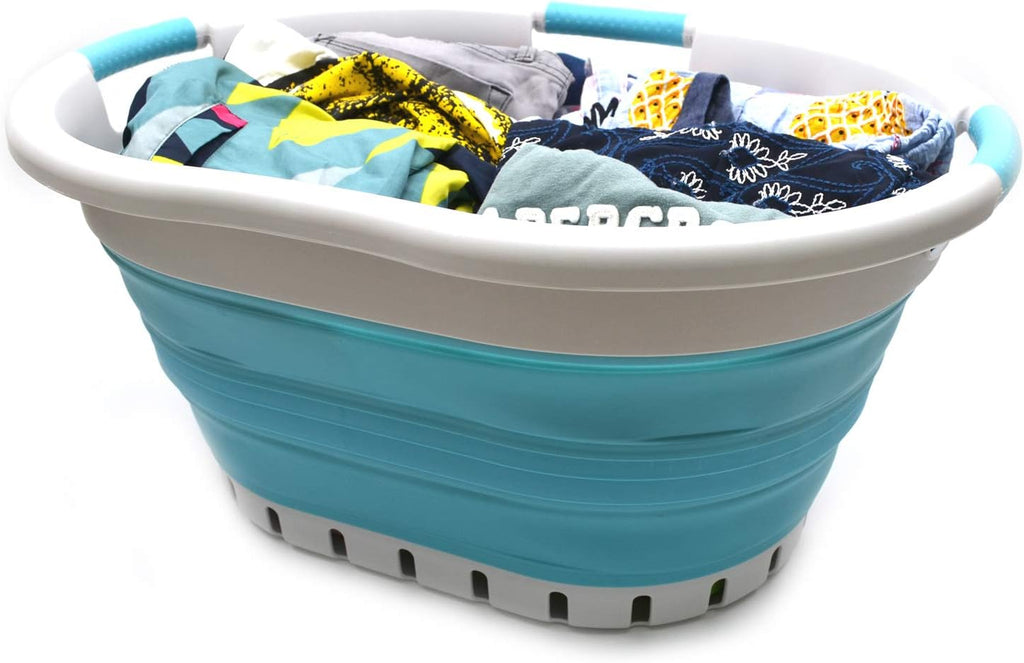 SAMMART 36L (9.5 gallon) Collapsible 3 Handled Plastic Laundry Basket-Foldable Pop Up Storage Container/Organizer-Space Saving Basket (3 handled Oval, Grey/Bright Blue)